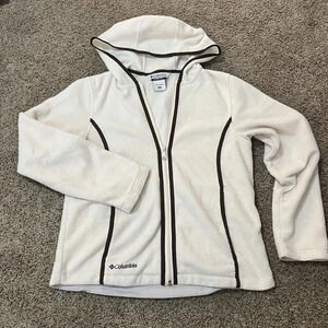 Columbia Vintage Piped Full Zip Fleece Jacket Thermal Womens Ivory‎ Brown Hooded